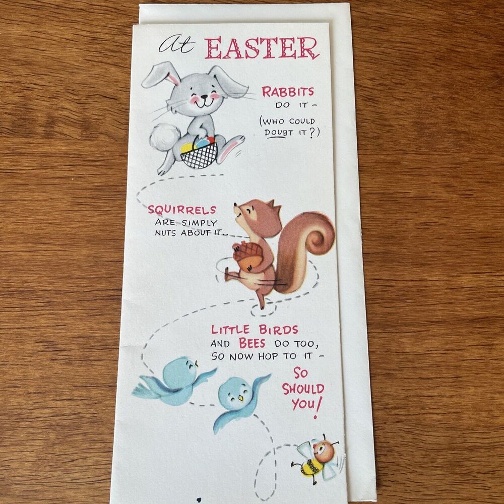 Vtg Gibson Easter Greeting Card Rabbits Bunnies Squirrels Birds Bees